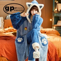 Japan GP pajamas women autumn winter coral fleece thickened flannel long nightgown home wear set