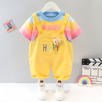 Baby Clothes Summer Cute Super Cute Short Sleeve Suit Split Ocean Qi Back With Pants One Year Old Man And Woman Summer Load Wave