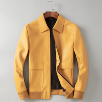 Haining genuine leather jacket mens goat leather casual lapel leather jacket youth slim short multi-pocket single leather jacket