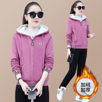 Autumn and winter New Jordano padded velvet sports suit female 361 Korean version of lamb velvet casual sweater two-piece set