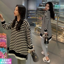 Pregnancy Woman Dress Spring Dress New Fashion Striped Sweatshirt With Long Spring Autumn Season Loose Shade Fake Two Blouse Women