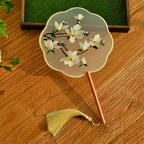 White Yulan double-sided embroidery troupe fan long handle Su embroidery China Wind comeback ancient wind Han clothes fan Qipao Palace Fan National Tide