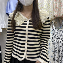 Lace splicing knitted sweater autumn design sensitivity thin short streak-collar sweater