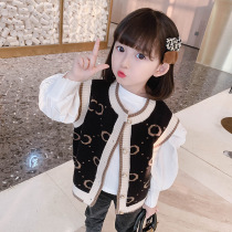 Korean childrens clothing 2022 Spring paragraph girl baby English round neck sweater jacket foreign air 100 lap knit cardio-hoodie horse chia