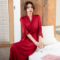 Sexy burgundy long morning gown Womens summer thin silk nightgown Wedding bride bridesmaid ice silk suspender pajama suit