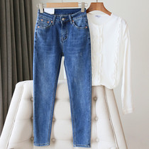 Small foot jeans girl fat mm autumn new pear shape body buttock thin elastic high waist pencil pants