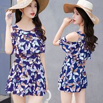 Swimsuit womens conservative two-piece student hot spring Korean small fragrance skirt style large size belly cover split boxer swimming