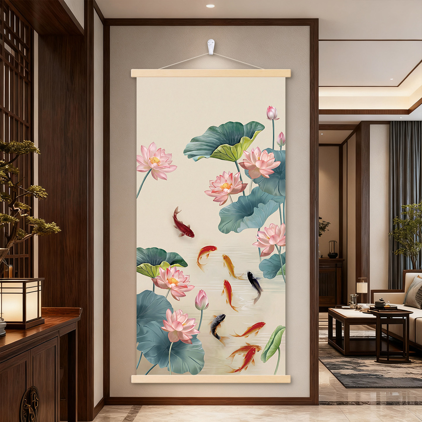 中国掛軸 荷花九魚図 九魚図 蓮 鯉 四尺中堂画 中国美術 開運 縁起物 中国掛軸 荷花九魚図 九魚図 蓮 鯉 四尺中堂画 中国美術 開運 縁起物