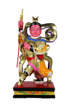Wenli handmade camphor wood carving Taiwan lacquer line color gold Nezha three prince foot on hot wheels 12 inches