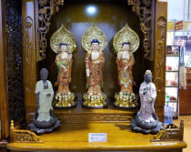 Pure fragrant camphor wood carving hand-painted golden three western saints Amitabha Buddha Guanyin Bodhisattva