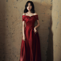 Toast to the brides summer 2022 new line of shoulder wine red engagement wedding satin evening gown dress little sub