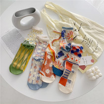 boom bomb Japanese glass stockings floral diamond summer tube thin socks card stockings lace cute