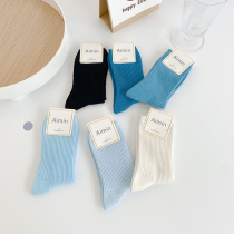 Boom bomb blue striped solid color simple mid-tube socks womens Korean socks womens white socks pile pile socks tide