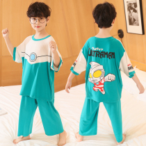 Ultraman boy pajamas Summer thin ice silk pure cotton silk childrens clothing home clothes Big childrens little boy air conditioning clothes