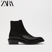 ZARA Spring New Pint Mens Shoes Black Pointed Bull Leather Retro Short Boots 2024820040