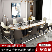 New Chinese Oval Electric Hotel Bag Box Physical Stone Rock Board Rectangular Table 20 People Rotating Hotpot Table And Chairs Combination