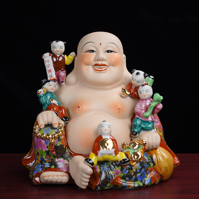 珍品☆弥勒佛 粉彩人物 中国五彩彫 五福童子 置物 中国美術 五人唐子 