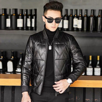 Leather down jacket mens short leather jacket jacket thick collar baseball jacket winter Haining mens leather jacket