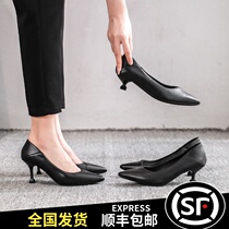 Sky Ride High Heels Heels 2022 New Career Soft Leather 3cm Little Heel Single Shoe 5cm Cat Heel Black Working Shoes