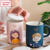 Creative cartoon couple ceramic water cup simple cute milk coffee cup with lid spoon ins ins large capacity mug