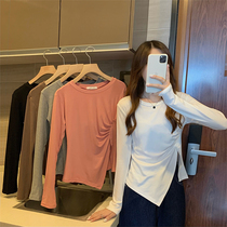 Autumn new fat mm irregular split slim top long sleeve size T-shirt female design sense minority base shirt
