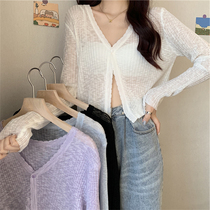 Summer long-sleeved micro-transparent sunscreen clothing fat MM large size womens gentle wind white ice silk knitted short cardigan jacket
