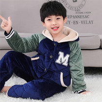 Childrens pajamas winter boys home clothes coral fleece flannel padded cotton long sleeve boys thick suit