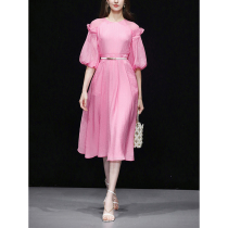 Caring Kiss2023 Summer with elegant retro lantern sleeves high waist high - waist temperament medium and long dress