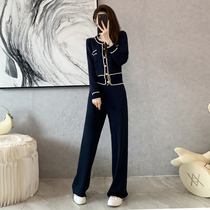 2022 new small fragrant wind knitted sports suit womens spring and autumn casual fashion cut-age sweatshirt broadlegged pants two sets