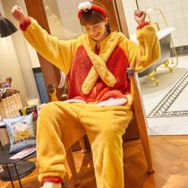 Card love coral velvet womens pajamas winter flannel thickened warm jumpsuit student dormitory home suit
