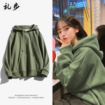 Autumn solid color sweater men and women plus velvet padded Korean loose Joker hooded oversize long sleeve couple top