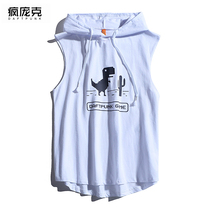 Sleeveless T-shirt hooded vest for men and women Tide brand loose sports summer dinosaur print hip hop basketball hoodie