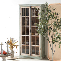 Jule American country retro solid wood bookcase floor-to-ceiling glass door homestay living room against the wall display wine cabinet locker