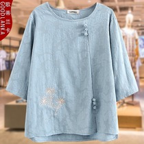 Middle-aged and elderly plus-size womens clothing spring and summer new loose Western style mothers top retro cotton jacquard mid-sleeve T-shirt