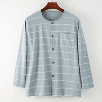 Middle-aged and elderly mens plus size loose home long sleeve cardigan pajamas air conditioning shirt pure cotton knitted cotton buttoned shirt top