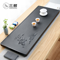 Natural black gold stone tea tray Household stone tray Light luxury modern carved tea sea tea set tray tray Simple office dry foam table