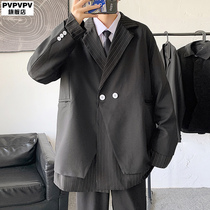 Fake two-piece suit jacket mens spring and autumn Korean version of the trend ins tide brand Hong Kong style striped stitching casual top clothes