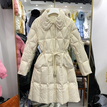 Anti-season clearance Korean version of fashion light down jacket womens long lace-up waist diamond lattice lapel over the knee jacket