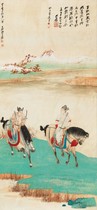 High-definition reproduction of celebrity calligraphy and painting Zhang Daqian Tang people hunting map 140×66 cm