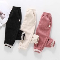 Spring Autumn Bars Suede Casual Pants Long Pants Girl Fall Pants Light Core Suede Baby Children Foreign Air Outwear Casual Pants