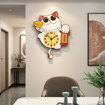 Lucky cat wall clock cartoon clock living room household fashion cute net red clock Modern simple decoration mute table