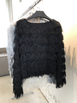 Tassel fairy round neck Korean black pullover long sleeve T-shirt thin loose top base shirt women early autumn foreign gas