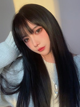 Wig female hair natural full head set round face black long straight temperament air bangs Net red medium long hairstyle fluffy