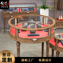 Zhuoli round jewelry display cabinet retro solid wood glass counter Jade display cabinet antique hand decoration display cabinet