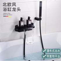 All copper bathtub faucet waterfall double control black gold cylinder side Type hot and cold shower shower set bathtub cage