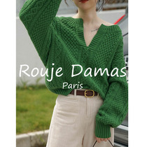 French Rouje Damas autumn and winter vintage green V-neck sweater womens twist blaclebone loose pullover sweater