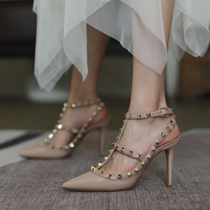  2021 spring and summer on the new rivet pointed high heels two-belt super high school heels thin heel straps leather sandals womens shoes