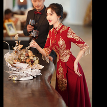 Chinese toast service bridal cheongsam 2021 new autumn wine red beautiful dress thank you banquet back door long dress dress skirt
