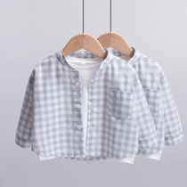 Boy plaid lined with long sleeve foreign air spring and autumn slim fit children Korean version cotton linen sunscreen blouse baby stand shirt