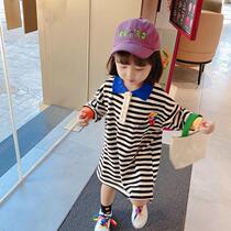 Girls lengthy T spring dress 2021 new children cotton striped T-shirt skirt baby base shirt polo dress tide